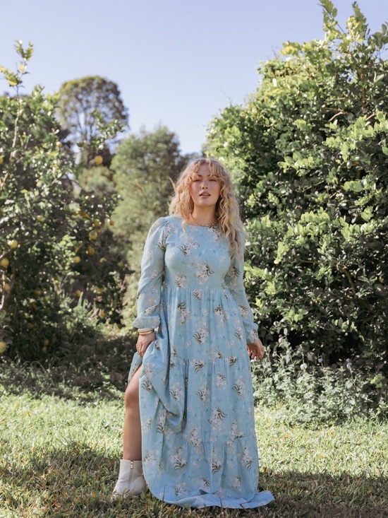 Petal & Pup Dresses & Skirts - Petal & Pup Bernice Maxi Dress Blue Floral Tiered A Line Puff Sleeve Long Sleeve